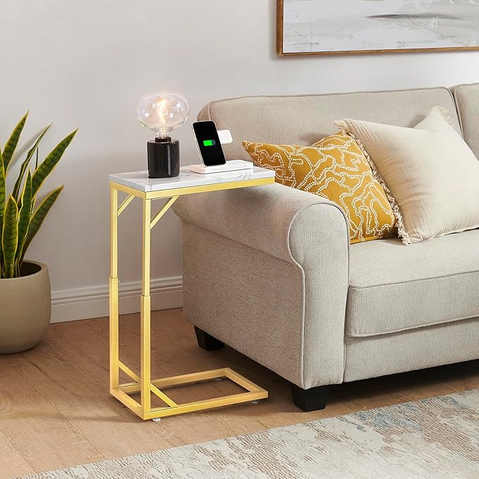 C-Shaped End Table, Small Sofa Table with Metal Frame, Adjustable Height Side Table for Couch, Living Room, Bedroom, Bedside (Gold, Small)