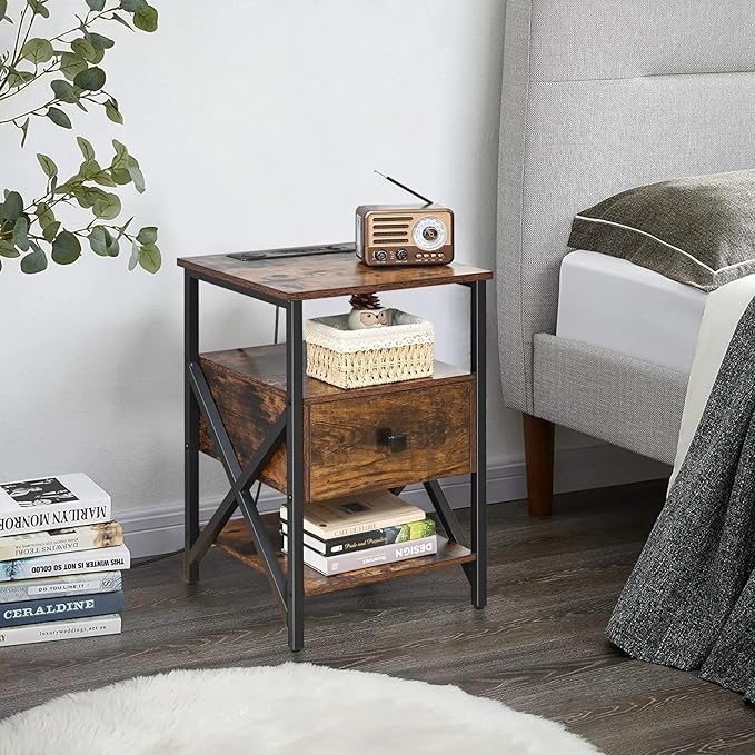 Nightstand Set of 2 with Wireless Charging and USB Ports, End Table Set 2 with Outlets, Bedside Table End Tables with Drawer, Small Night Stand for Bedroom, Living Room, Side Table, Brown