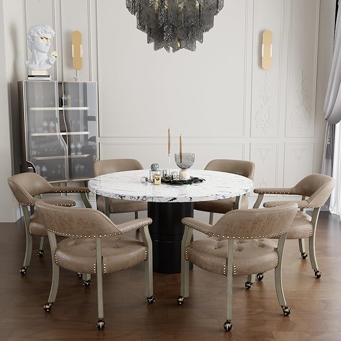 LEEMTORIG Large Dining Chairs with Casters and Arms, Rolling Dining Chairs with Wheels, Solid Wood Boss Caption's Chairs, 26" D x 25.2" W x 31.5" H, Grey Legs & Yellowish Brown Fabric SY-1318-LT