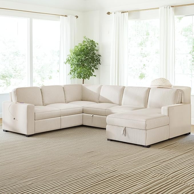 115.6 Inch U-Shaped Modular Sectional Sofa with Pull Out Bed, Storage Chaise and USB interfaces, Oversized Upholstered Combination Corner Couch for Living Room, Office, Spacious Space, Beige