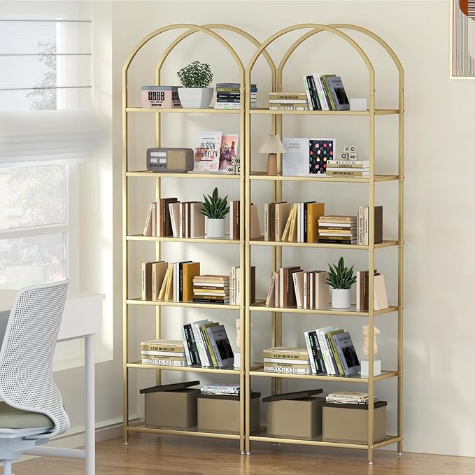 Homhedy Bookshelf Arched Display Racks,Metal Bookcase,Tempered Glass Shelves,Storage Rack Shelf for Home Office,Living Room,Bedroom, Bathroom,Modern Style (Golden, 11.8" D x 23.6" W x 73.6" H)