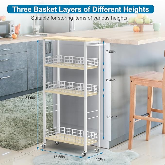 YBING Slim Storage Cart 4-Tier Rolling Kitchen Utility Cart White Narrow Laundry Storage Cart on Wheels and Wood Table Top Mobile Shelving Unit Organizer Trolley for Bathroom Small Space 7.3" W