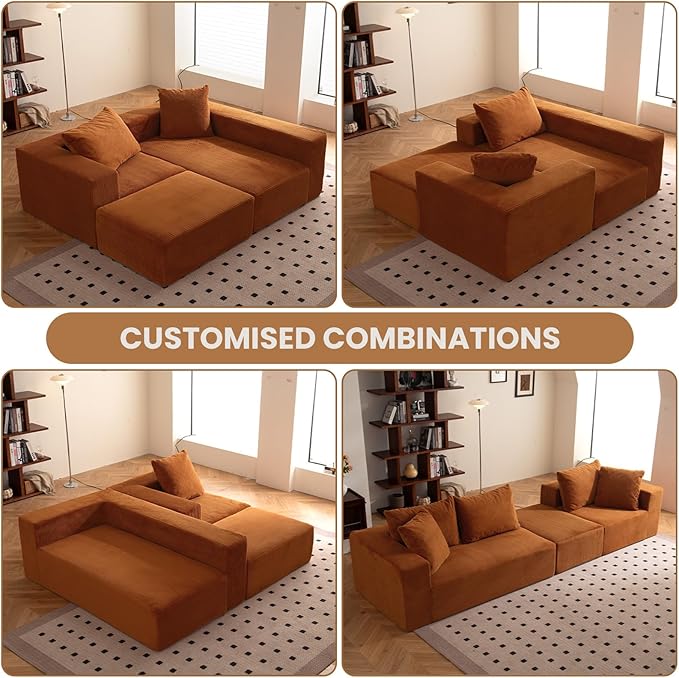 Modular Sectional Sofa, 108" L-Shaped Boneless Couch with Deep Seat, Corduroy Cloud Couch for Living Room, Bedroom, No Assembly Required, Ship in a Box, Orange
