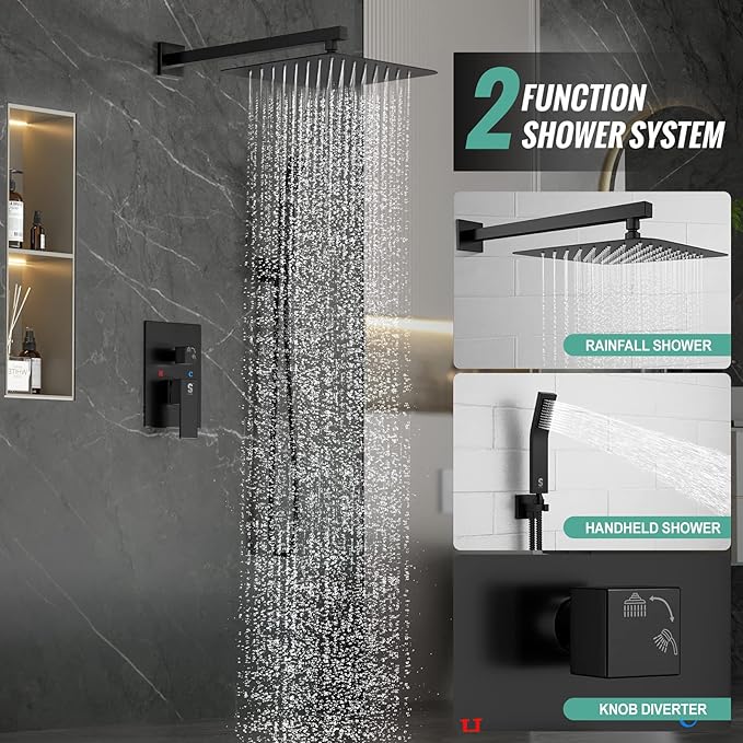 SR SUN RISE Black Square Rainfall Shower Head and Handle Set, Wall Mounted Shower Fixtures, Metal Shower Faucet Trim Repair Kits (With Shower Valve)