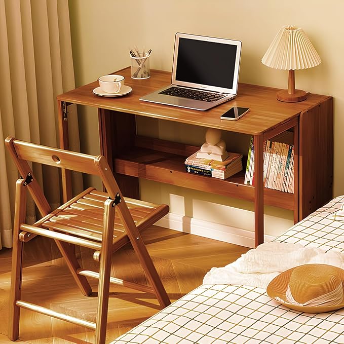 Bamboo Folding Desk Mid Century Modern Desk for Home Office Bedroom Small Spaces, Brown
