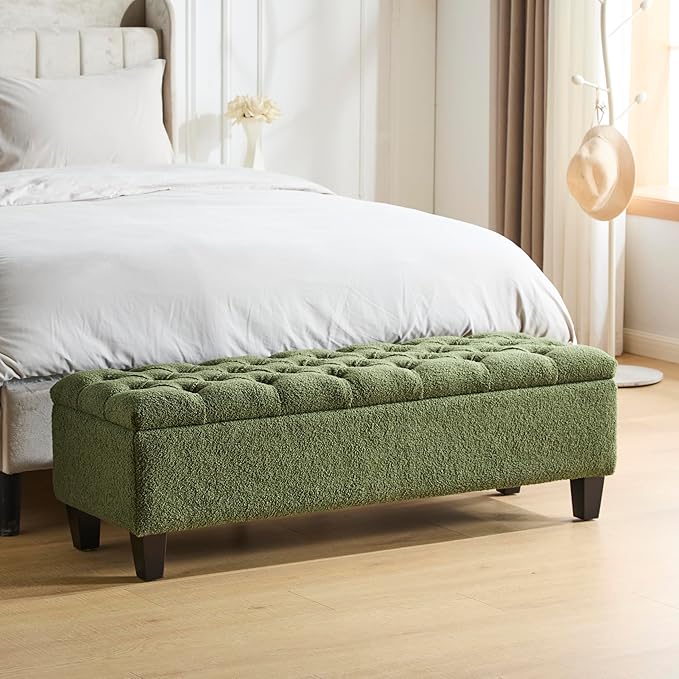 Christopher Knight Home Ottilie Boucle Fabric Storage Ottoman Bench, Wooden Rectangular Ottoman with Storage, Bedroom End of Bed Foot Stool, Entryway Ottoman Footrest, Living Room Extra Seat, Green