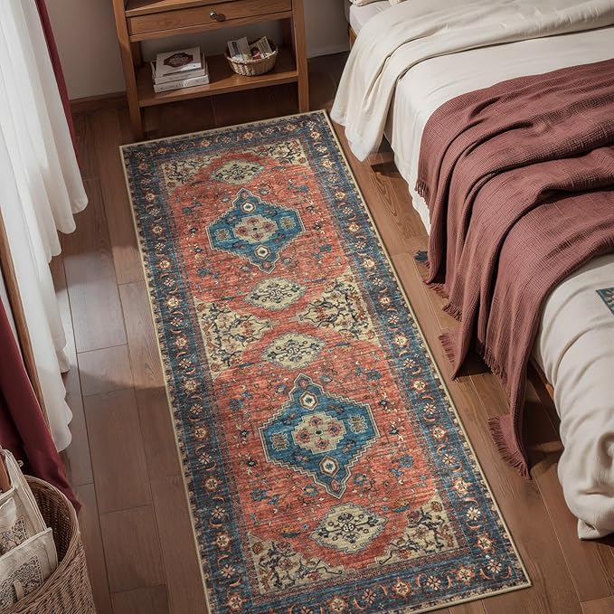Tangsoo 2x6 Washable Runner Rug for Hallways, Non Slip Vintage Runner Rug, Soft Low Pile Long Rug Runner, Print Distressed Carpet Runners for Kitchen Bedroom Entryway Bathroom Living Room Terracotta