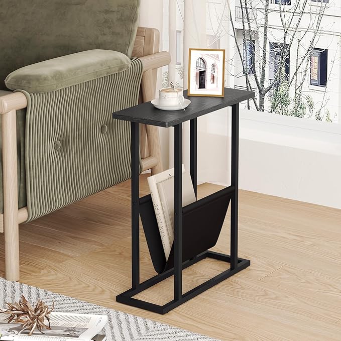 Yusong Narrow Side Table for Small Spaces, Small End Table with Magazine Holder, Skinny Slim Little Thin Table for Living Room, Bedroom, Sofa, Black Oak