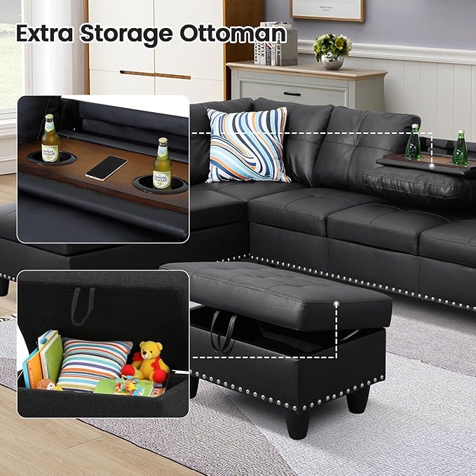 L Shaped Sectional Couch with Cup Holders, 97" Sectional Sofa for Living Room Modular Couches with Otttoman for Bedroom, Apartments