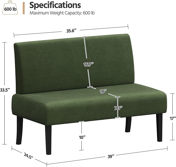 Yaheetech Small Mini Sofa Couch Armless Loveseat Futon for Bedroom, Corduroy Fabric & Easy Assembly, for Small Spaces Living Room,Dorm,Office,Apartment, Green