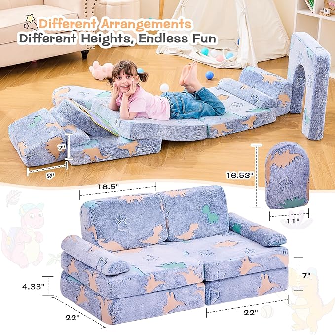 IFNOW Modular Kids Play Couch,Toddler Couch Kids Sofa,Child Sectional Sofa,Bedroom and Playroom Furniture for Toddlers,Convertible Foam and Floor Cushion for Boys and Girls,Glow in The Dark,Dinosaur