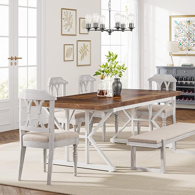 Tribesigns Farmhouse Dining Table for 6 People, 70.8-Inch Rectangular Wood Dining Table, Rustic Kitchen Table with Heavy Duty Metal Legs for Dining Room (Brown/White)