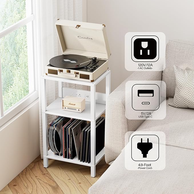 TUTOTAK Record Player Stand with Storage Up to 100 Albums，Record Storage Table,3 Tier End Table with Charging Station,Side Table for Living Room, Bedroom, White TB01BW076