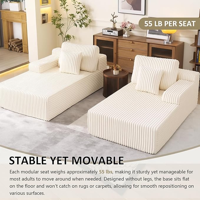 Oversized 79” Double Chaise Lounge Sofa Bed, Deep Seat Corduroy Cloud Loveseat Chair, No Assembly, Plush Upholstered Sleeper for Living Room or Bedroom (Beige)