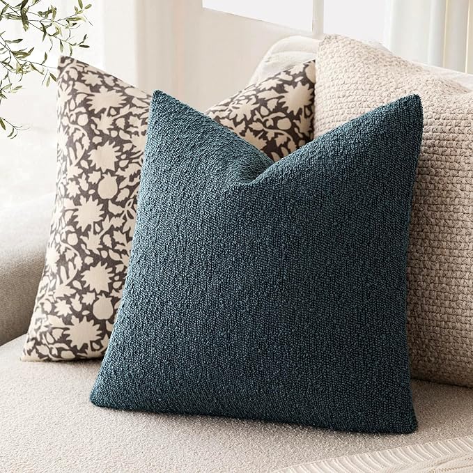 Foindtower Pack of 2 Textured Boucle Throw Pillow Covers Accent Solid Pillow Cases Cozy Soft Decorative Couch Cushion Case for Chair Sofa Bedroom Living Room Home Decor 18x18 Inch Dark Blue