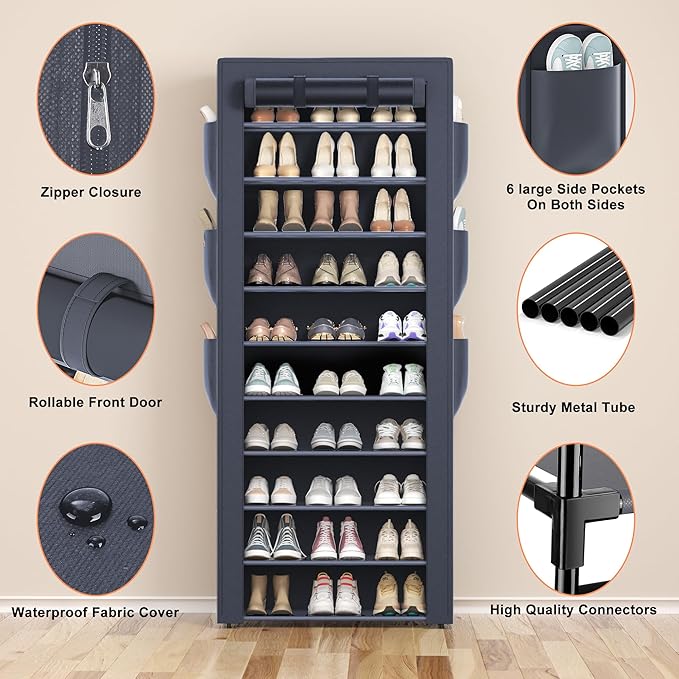 Shoes Rack 10 Tier Tall Shoe Rack with Storage Pockets, Fabric Covered Shoe Racks,Metal Shoes Rack Organizer for Closets,Bedroom, Garage