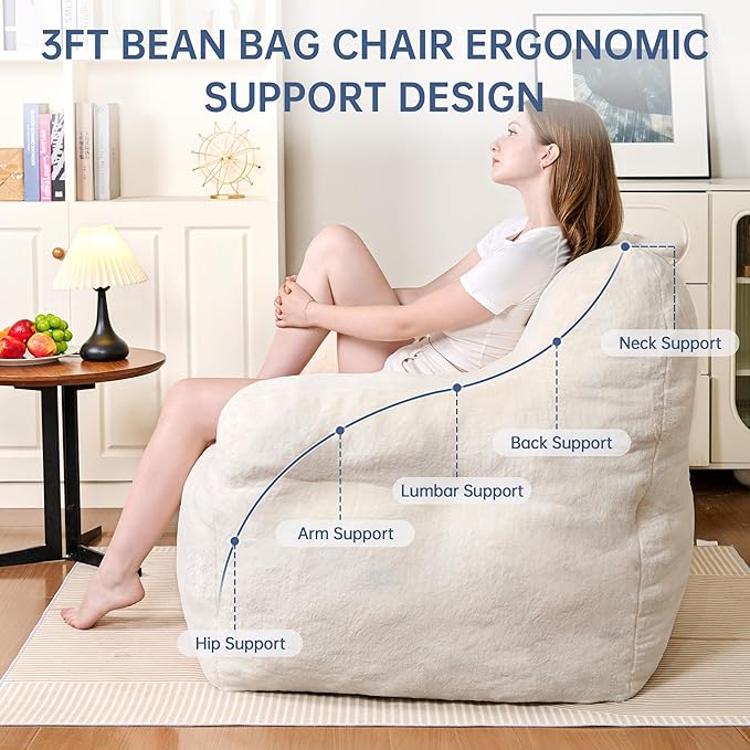 Giant Bean Bag Chairs for Adults and Kids, 3FT Bean Bag Chair with Filler, Comfy Lazy Sofa Chair for Bedroom, Living Room, Dorm (Cream)