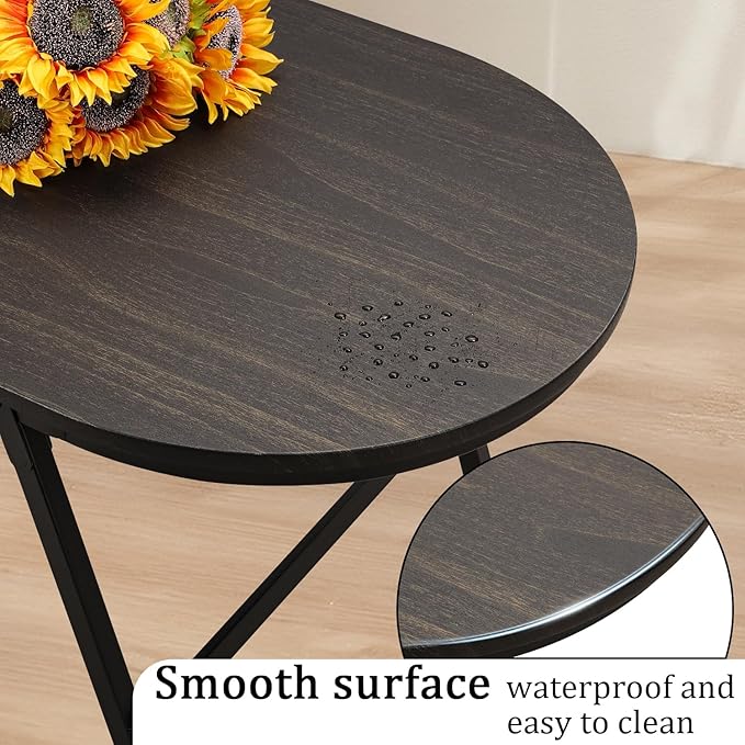 Small Oval Coffee Table Wood and Metal Folding Low Coffee Tables with Safety Lock Portable Outdoor Table Floor Center Table for Living Room Small Spaces, Black Gold