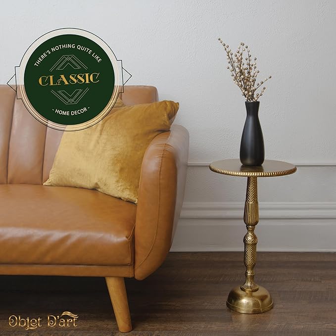 OBJET D'ART Small Round Gold Side Table, Hannah, 20" Height, Vintage Metal Accent, Side, Pedestal, Coctail and Drink Tables for Living Room and Small Spaces