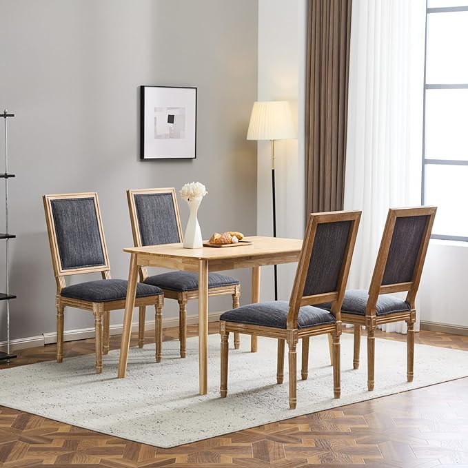 Merax Upholstered Solid Wood Dining Chairs Set of 4, French Country Style Accent Side Seating Furniture for Kitchen, Living Room, Cushioned Back, Blue Gray