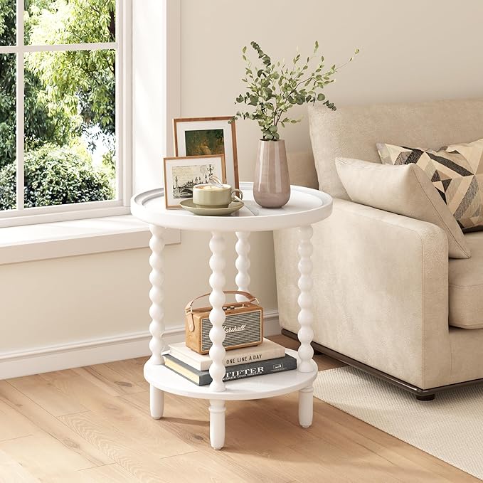Gadroad Round End Table with Storage Shelf, 2 Tier Couch Side Table, Wood Coffee Table for Living Room, Bedroom, White 19.3 * 19.3 * 25.6 inches