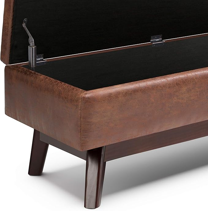 SIMPLIHOME Owen 48 inch Wide Mid Century Modern Rectangle Rectangular Storage Ottoman in Distressed Saddle Brown Vegan Faux Leather, Assembled, for the Living Room, Entryway and Family Room