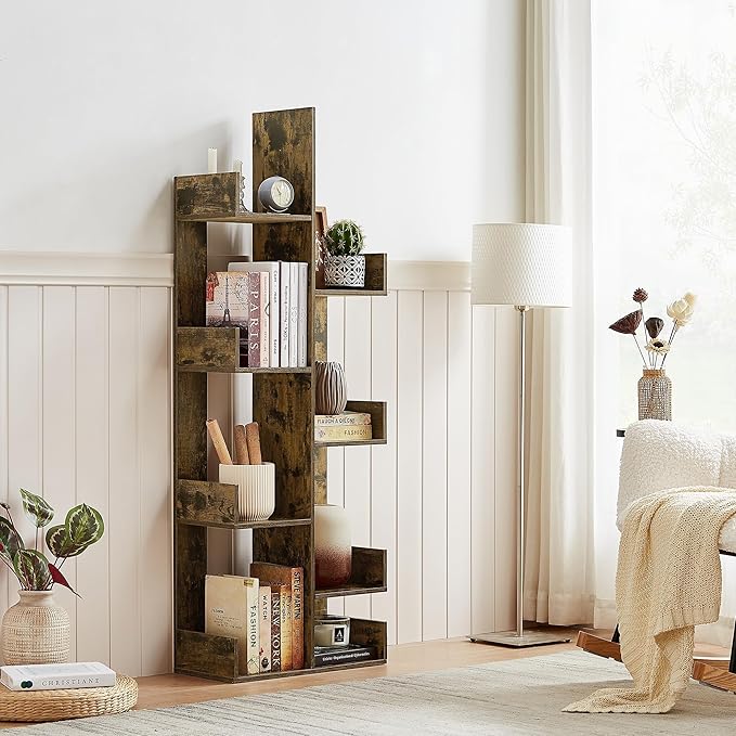 VECELO 8-Tier Tall Cactus-Shaped Tree Bookshelf, Vertical Bookcase with Waterproof Shelves & Rounded Corners, Modern Display Rack for Small Spaces in Living Room, Office, Bedroom, Rustic Brown