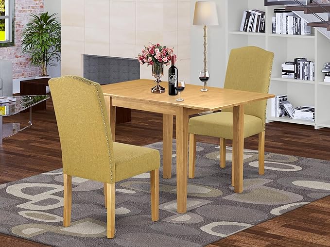 East West Furniture NDEN3-OAK-08 3 Piece Dining Room Table Set Contains a Rectangle Dining Table with Dropleaf and 2 Linen Fabric Parson Kitchen Chairs, 30x48 Inch, Oak
