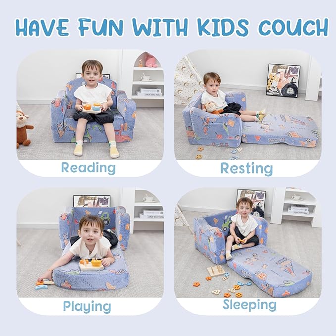 Comfy Toddler Chair and Couch for Kids with Blanket,2-in-1 Soft Plush Fold Out Toddler Couch for Girls and Boys,Convertible Sofa to Lounger for Playroom,Car Excavator