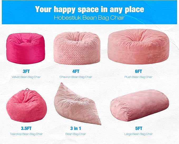 Hobestluk 5FT Bean Bag Chair Large Beanbag Lounger with Removable Cover Adult Bean Bag Chair with Portable Handle Desgin for Living Room Bedroom (Pink, 5FT)