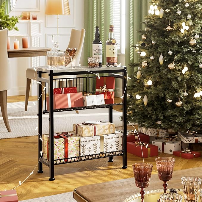 Narrow Side Table for Small Space, 3-Tier End Table with Magazine Holder, Slim Nightstand with Wire Shelf, Skinny Bedside Table in Living Room, Bedroom, Study, Kitchen and Balcony(Greige)