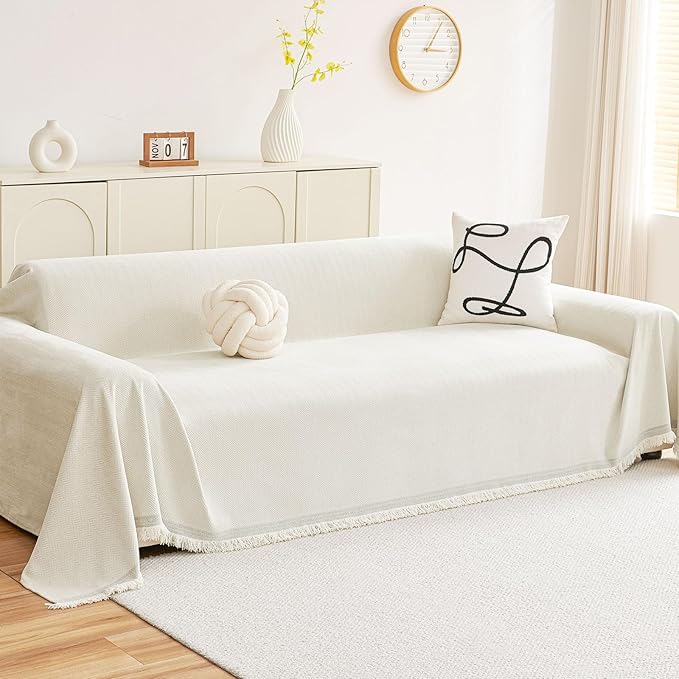 hyha Couch Cover for Dogs, Boho Sofa Covers for 3 Cushion Couch Washable, Chenille Sofa Slipcover for Pets, Soft Loveseat Sectional Couch Throw Blankets with Tassels (Beige, 88.5x134 Inch)