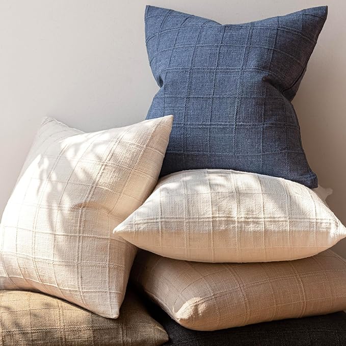 Foindtower Set of 2 Decorative Linen Check Throw Pillow Covers Neutral Long Body Lumbar Cushion Covers Farmhouse Vintage Home Decor for Sofa Chair Couch Bedroom Living Room Outdoor,14×36 Inch,Blue