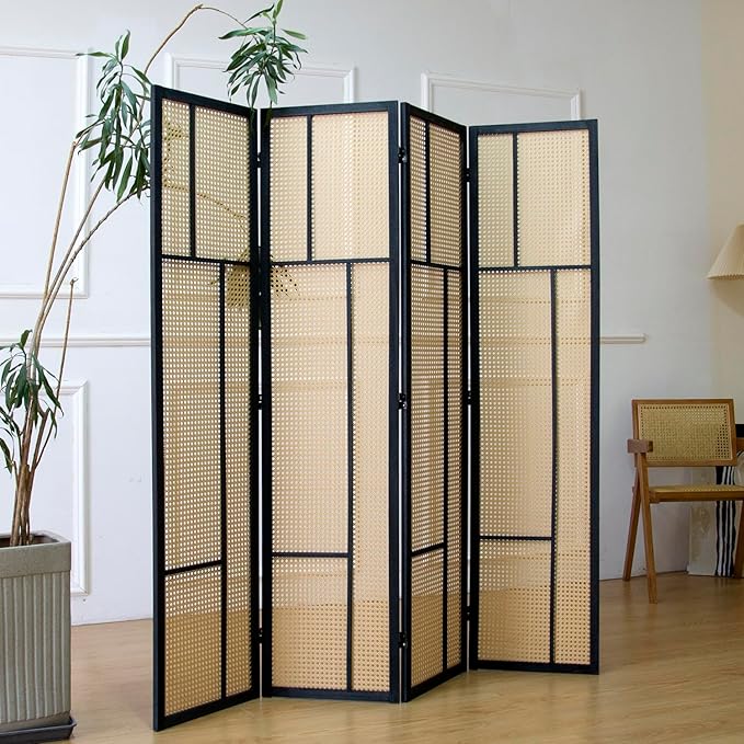 4 Panel Room Divider Screen and Folding Panel Screen,Double Sided Rattan Divider for Room Separation,Brown,67" H x 63" W