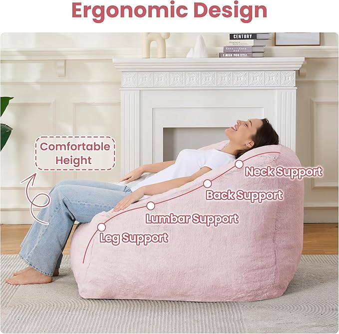 Bean Bag Chairs for Adults, Giant Beanbag Sofa Comfy Reading Chair, Oversized Bean Bag Chairs for Living Room Bedroom, Soft Faux Fur Fabric, 3.2FT, Pink, Plush