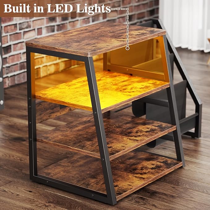 AV Media Stand with Outlets, Stereo Stands and Racks with Vinyl Storage, Stereo Stand with Record Storage, Audio Stereo Rack Cabinet, Turntable Console Stand with LED lights, 4 Tiers, Rustic Brown