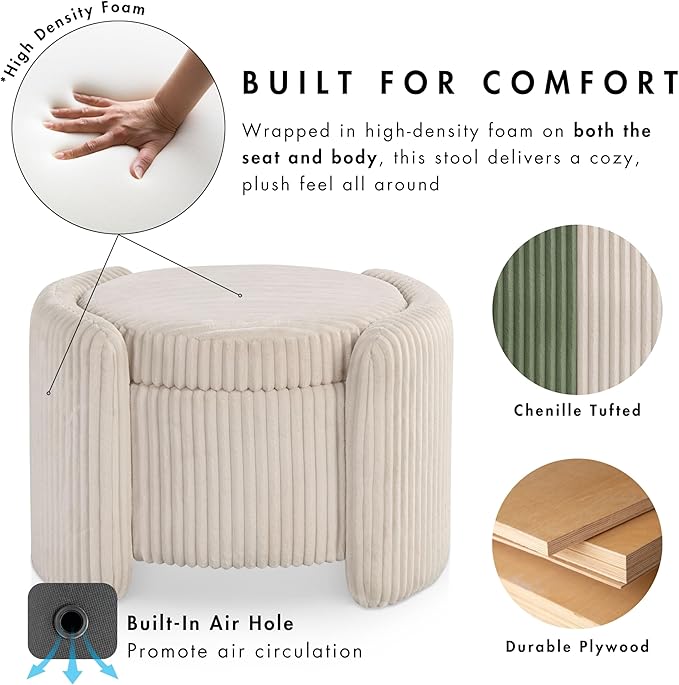 Furniture of America Lennox Modern Chenille 25-inch Round Storage Ottoman with Reversible Flip Top, Upholstered Footstool for Living Room, Bedroom, Entryway, Beige Pink