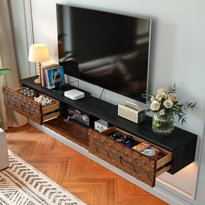 Fully-Assembled Floating TV Stand, Vintage Carved Floating Entertainment Center with Flip-Down Doors & Drawer, Walnut Wood Media Console Shelf Cabinet Under TV Storage for Living Room, 70IN