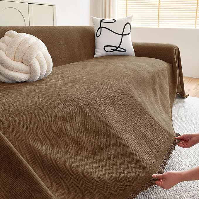hyha Couch Cover for Dogs, Boho Sofa Covers for 3 Cushion Couch Washable, Chenille Sofa Slipcover for Pets, Soft Loveseat Sectional Couch Throw Blankets with Tassels (Chocolate, 88.5x118 Inch)