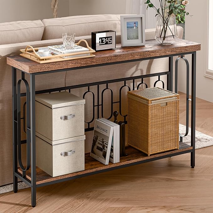Industrial Console Table for Entryway, Rustic Console Table Behind Couch, 2 Tier Sofa Tables for Home Living Room, Hallway, Entrance, with Metal Frame(48 inches)