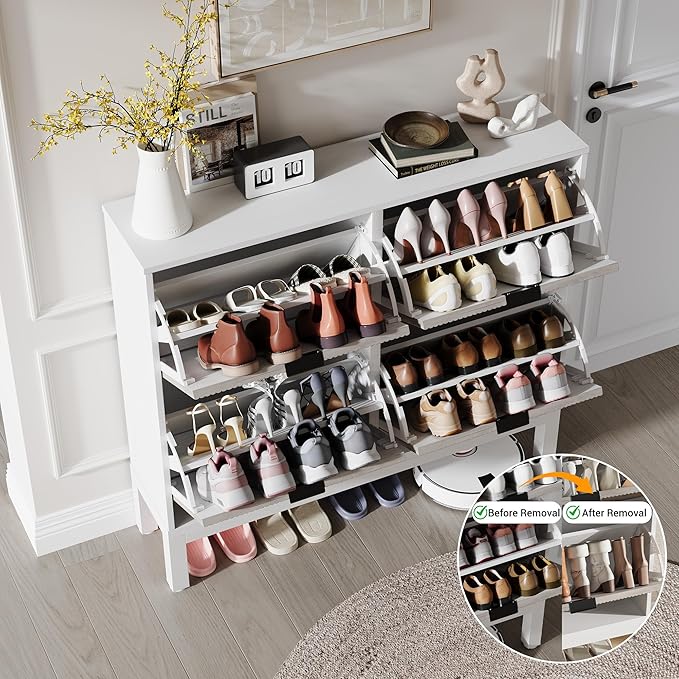 GarveeHome Fluted Shoe Storage Cabinet with 4 Flip Drawers, Narrow Wooden Shoe Organizer with Metal Legs, Modern Farmhouse Hidden Shoe Rack for Entryway, Hallway, White+Gray