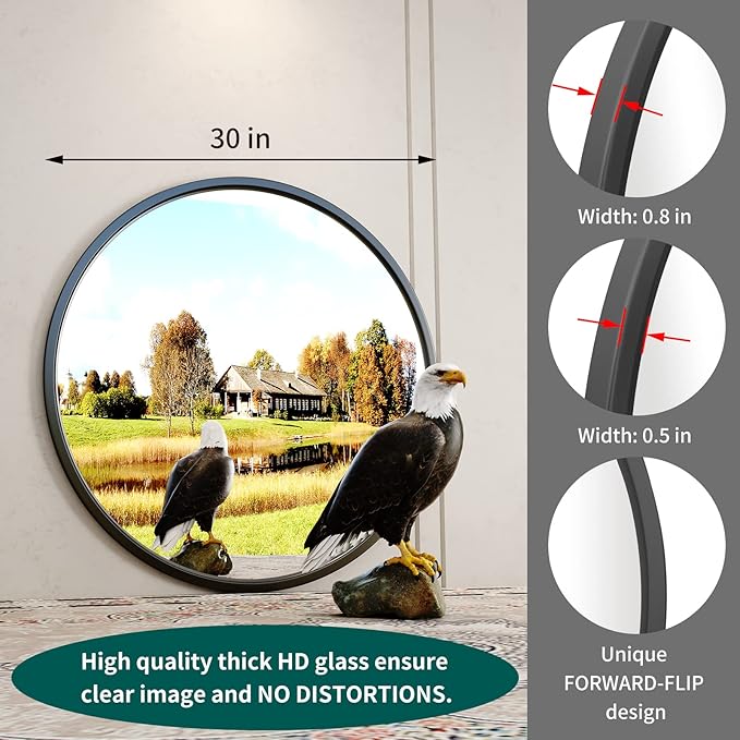 Growsun 30'' Black Round Mirror, Circle Wall Mirror for Bathroom Vanity, Entryway Living Room with Metal Frame for Home Decor