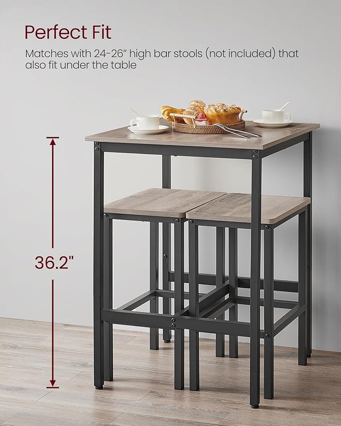VASAGLE Bar Table, Small Kitchen Dining Table, High Top Pub Table, Height Cocktail Table for Living Room Party, Sturdy Metal Frame, 23.6 x 23.6 x 36.2 Inches for Narrow Spaces, Greige and Black