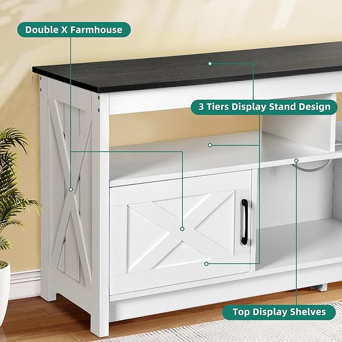 YITAHOME TV Stand for 65/55 Inch Television, Farmhouse Entertainment Center Television Stand with Power Outlets and Open Shelf, Media Console TV Cabinet for Living Room, White/Black