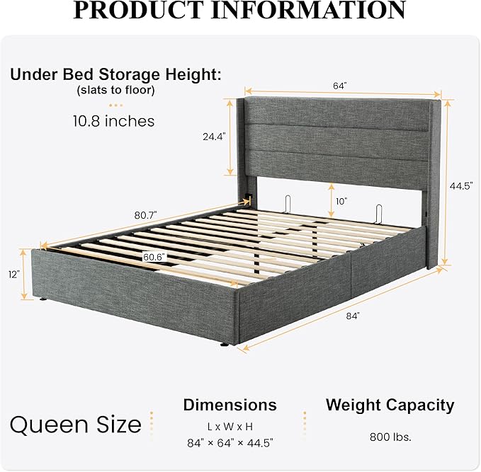 SHA CERLIN Queen Size Lift Up Storage Bed/Modern Wingback Headboard/Upholstered Platform Bed Frame/Hydraulic Storage/No Box Spring Needed/Wood Slats Support/Grey Blue
