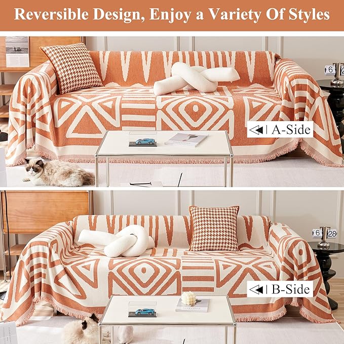 STACYPIK Geometric Orange Sofa Cover - Boho Triangle Reversible Protector for 3 Cushion Couch - Pet-Friendly, Washable Multi-Use Blanket - 91x150IN