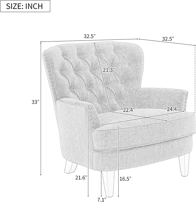Ball & Cast Accent Chair,Mid-Century Lounge Living Room Chairs with Button Tufting,Upholstered Reading Accent Chair W/Solid Wood Legs and Curved Backrest,for Bedroom,Apartment,Light Blue