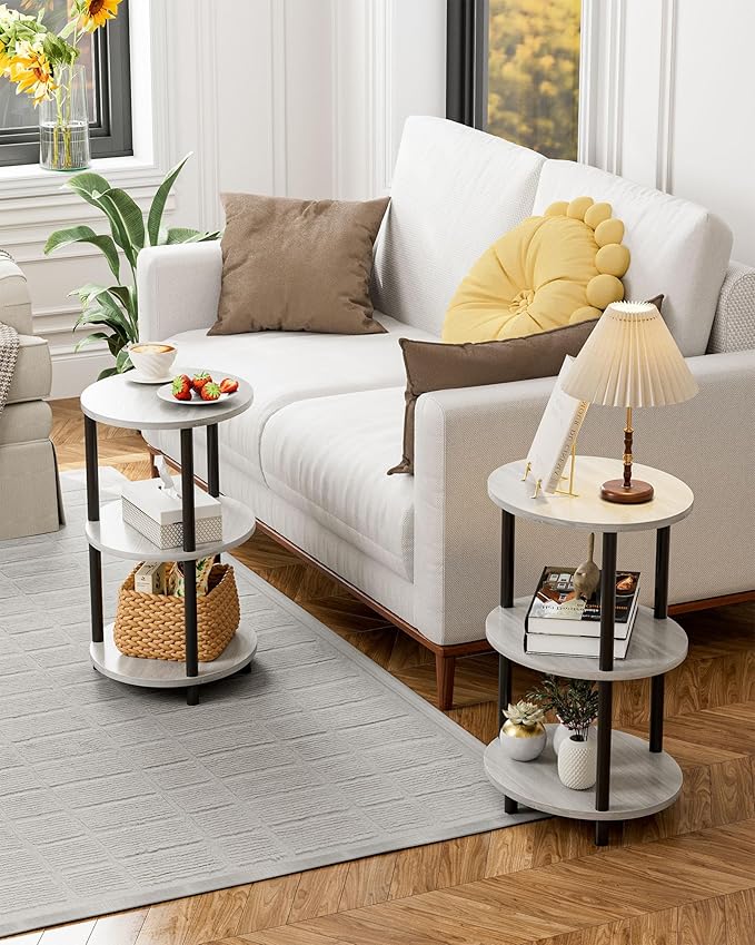 Small Round Side Table - 3-Tier Oval Accent Table for Small Spaces, Rustic Wood and Metal Couch End Table, Nightstand for Bedroom or End Table Living Room, Easy to Assemble, Greige