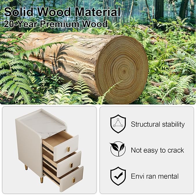 Narrow Nightstand with Drawers, Narrow Side Table Leather, Small Bedside Tables for Bedroom. (White)