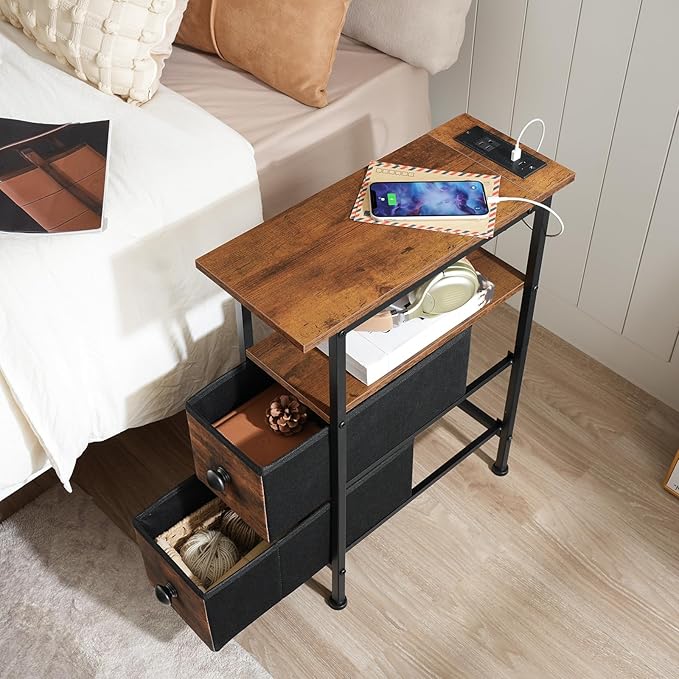 HOOBRO Set of 2 Narrow End Tables with Charging Station, Slim Side Table with 2 Fabric Drawers, Skinny Nightstand with Storage, Slim Bedside Table for Small Spaces, Rustic Brown and Black BF487UBZP201